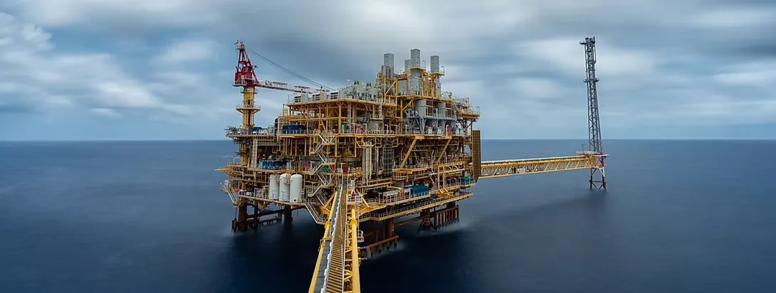 Long-exposure photo of a yellow offshore platform joined by a bridge to a flare tower, on smooth grey sea under an overcast sky.