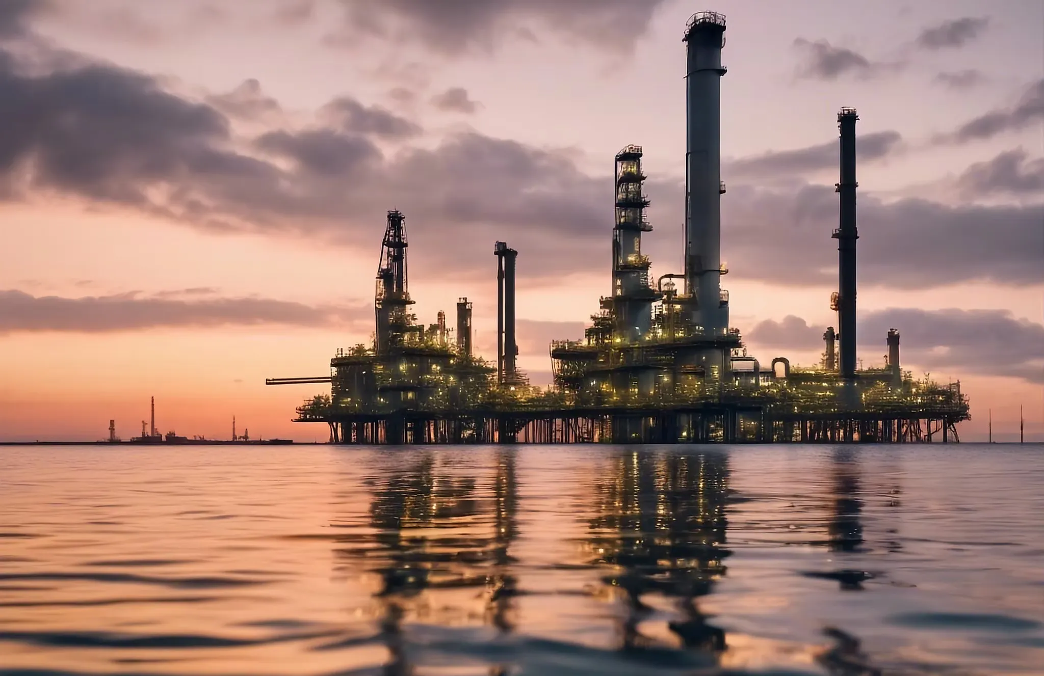 Illuminated processing platform with tall columns standing in calm water at dusk, its lights reflected under a pink and purple sky.